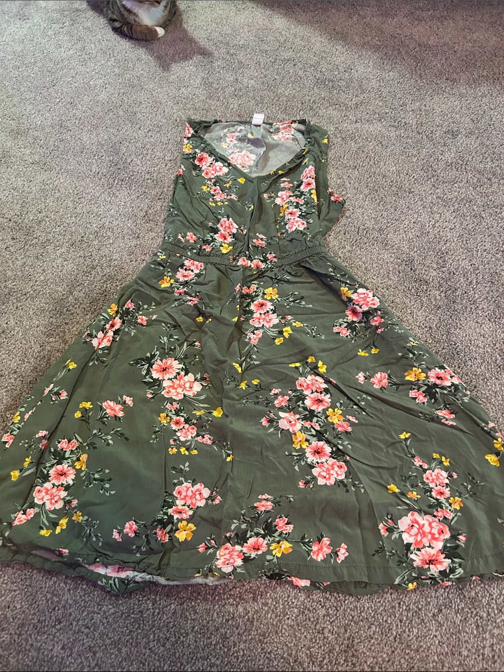 Old Navy Olive Green Floral Midi Dress with Pink & Yellow Blooms